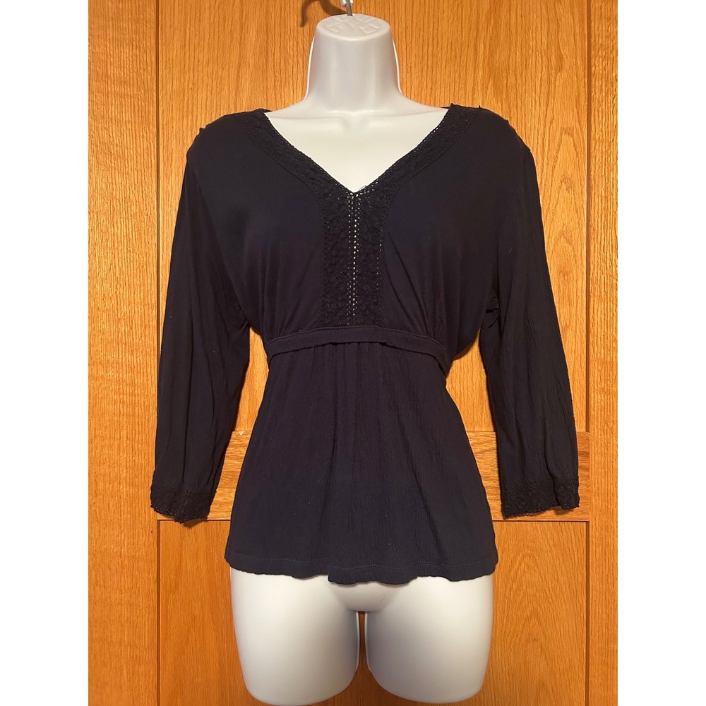 Vintage Y2K Navy Blue Crochet Lace Empire Waist Tie Back Top Sz M Boho Baby Doll